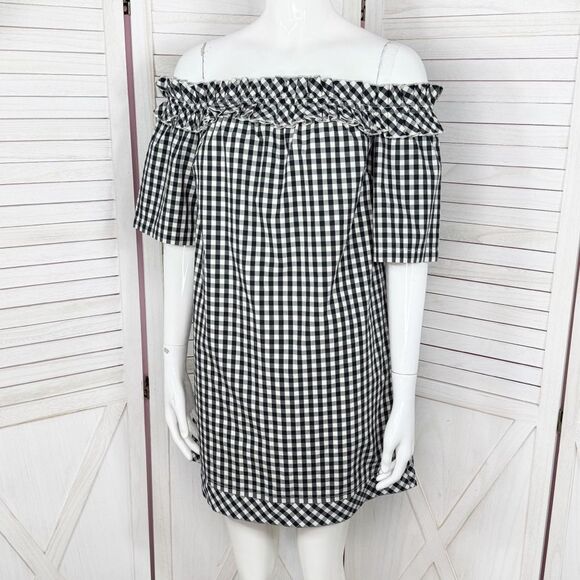 Vineyard Vines Gingham Check Off The Shoulder Shift Mini Dress Black White XS - Picture 1 of 12